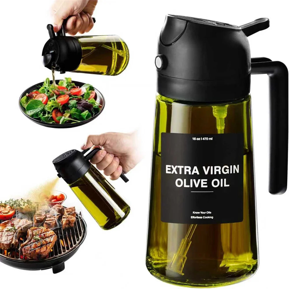 16oz/470ml Olive Oil Dispenser for Kitchen with Stickers - 2 in 1 Olive Oil Sprayer for Cooking, Air Fryer, and Salad,