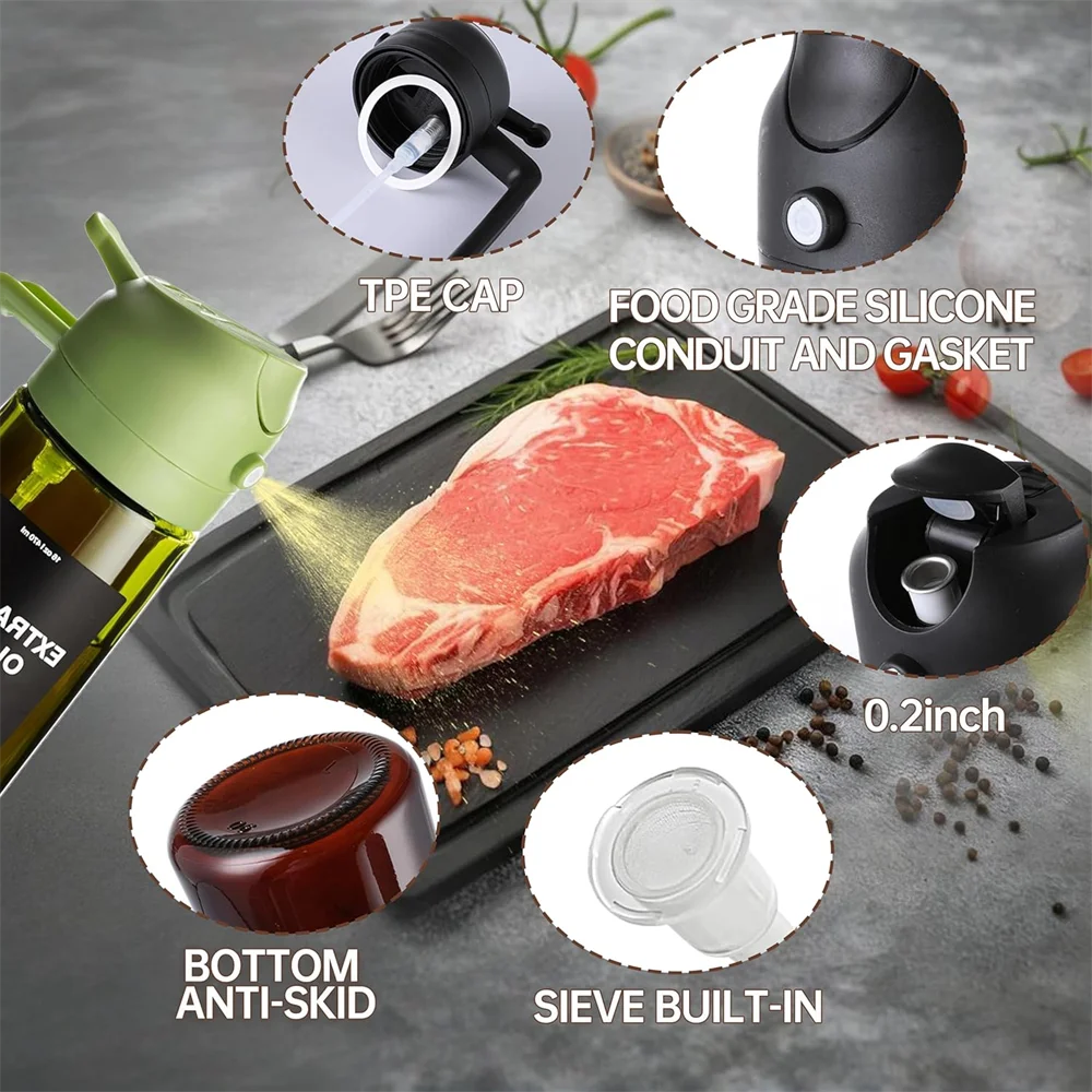 16oz/470ml Olive Oil Dispenser for Kitchen with Stickers - 2 in 1 Olive Oil Sprayer for Cooking, Air Fryer, and Salad,