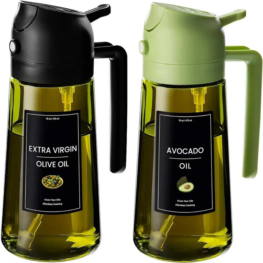 16oz/470ml Olive Oil Dispenser for Kitchen with Stickers - 2 in 1 Olive Oil Sprayer for Cooking, Air Fryer, and Salad,