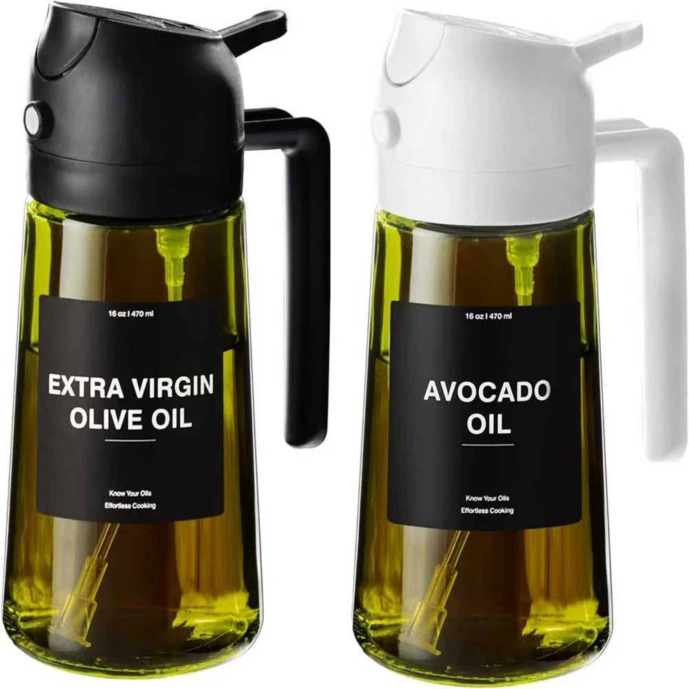 16oz/470ml Olive Oil Dispenser for Kitchen with Stickers - 2 in 1 Olive Oil Sprayer for Cooking, Air Fryer, and Salad,