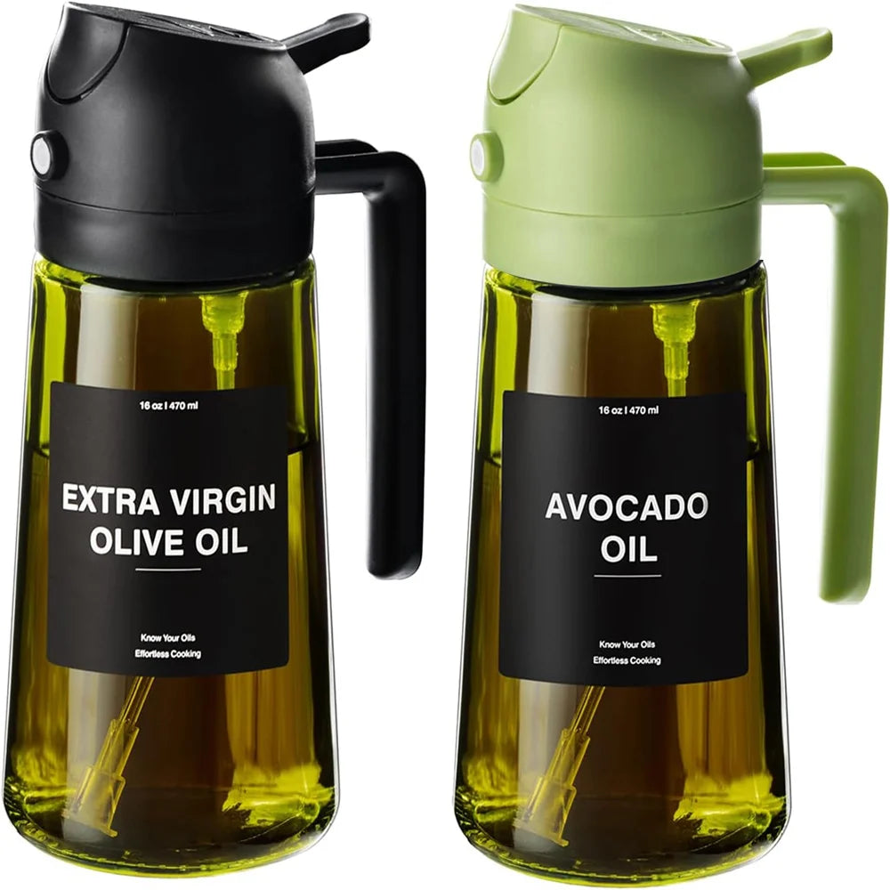 16oz/470ml Olive Oil Dispenser for Kitchen with Stickers - 2 in 1 Olive Oil Sprayer for Cooking, Air Fryer, and Salad,